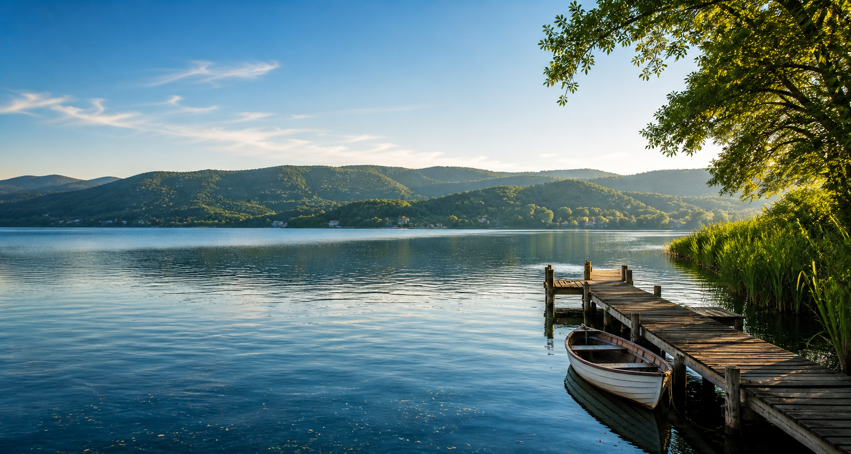 Sapanca Lake with a wooden pier, calm water and green hills